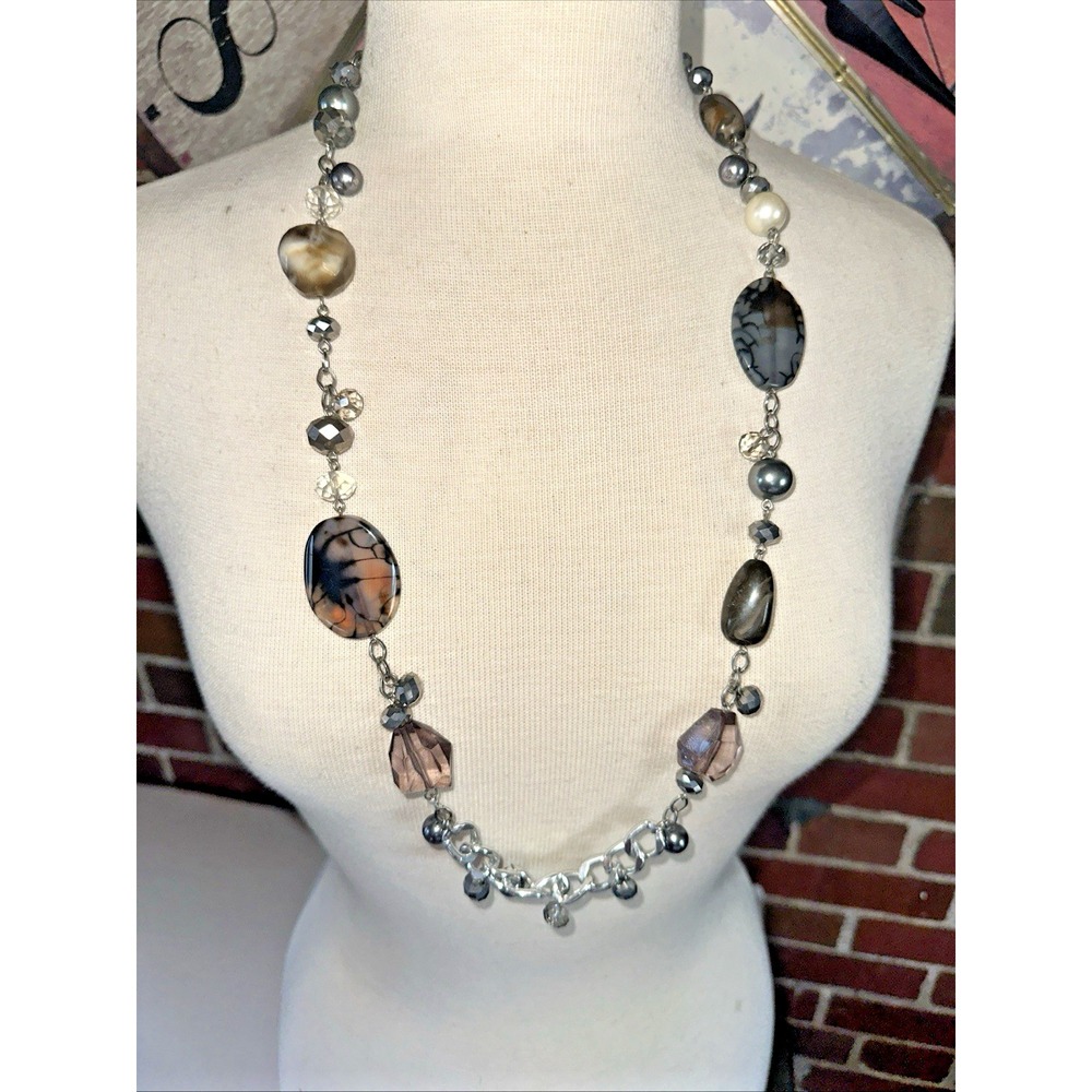 Cookie Lee Beaded Necklace Women OS Grey Silver Good Long Agate Style Mixed